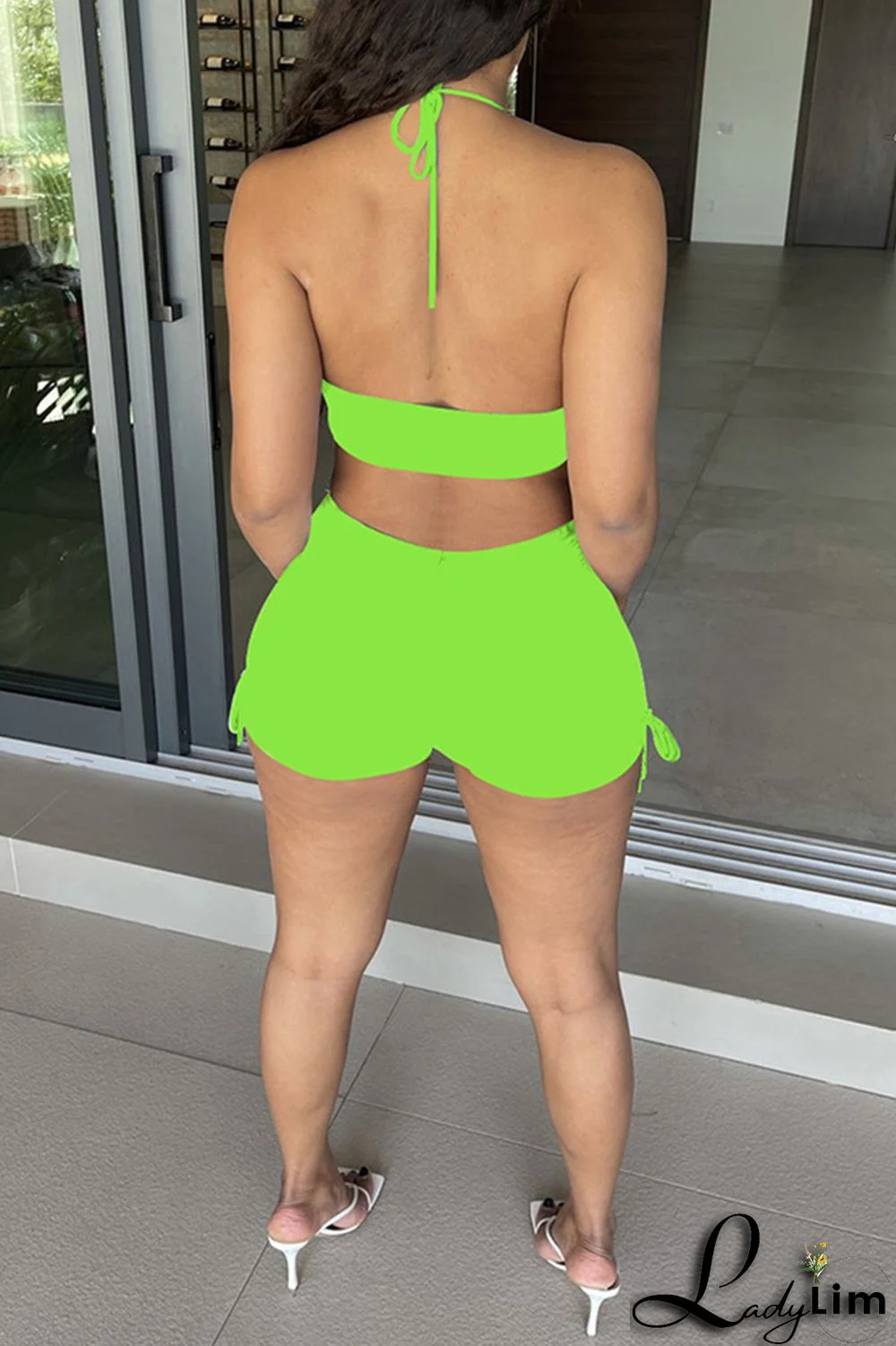 Black Fashion Sexy Solid Bandage Backless Halter Sleeveless Two Pieces