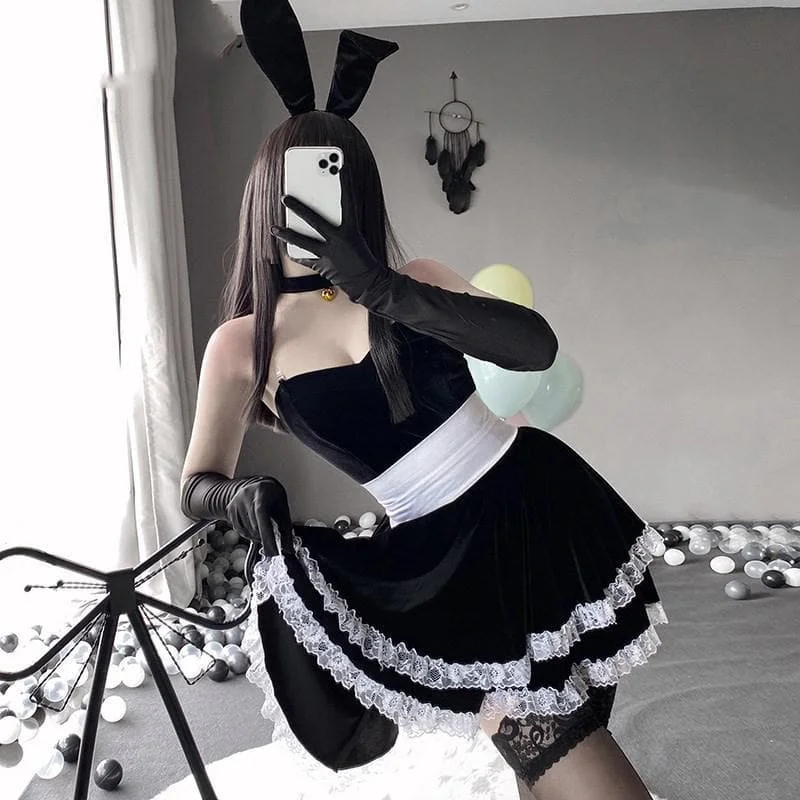 Cute Pink/Black Lovely Sweet Rabbit Maid Cosplay Suit Set SS2003