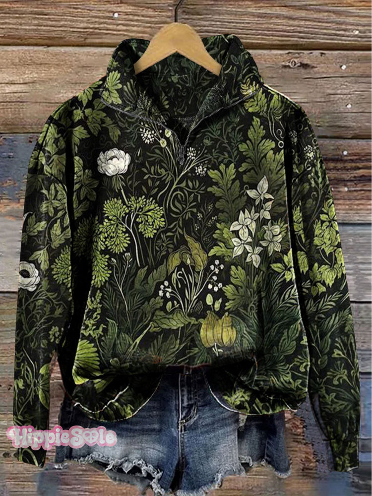 Floral Art Print Casual Long Sleeve Zip-Up Sweatshirt Multicolor / S