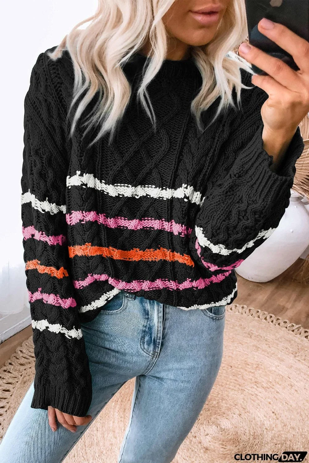 Striped Color Block Textured Knit Pullover Sweater