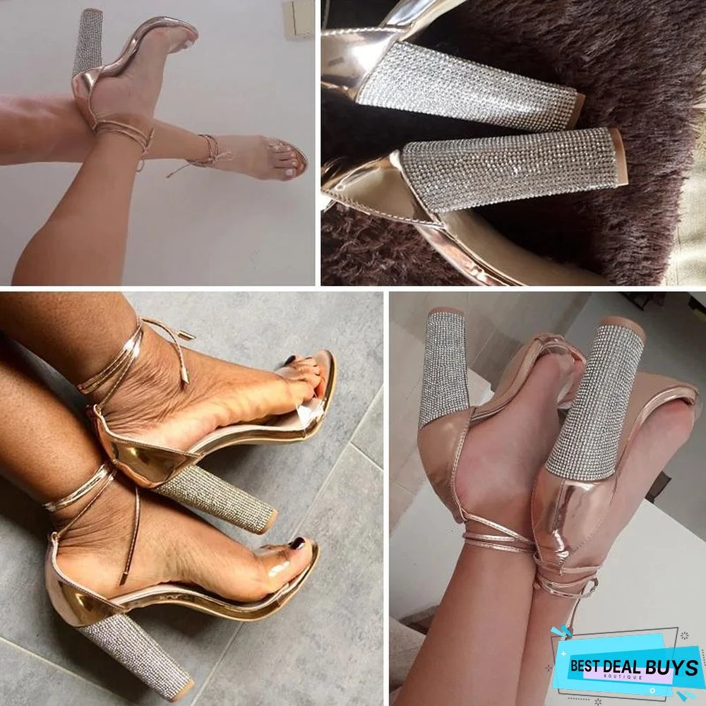 Women Heeled Sandals Bandage Rhinestone Ankle Strap Pumps Square Heels Sandals