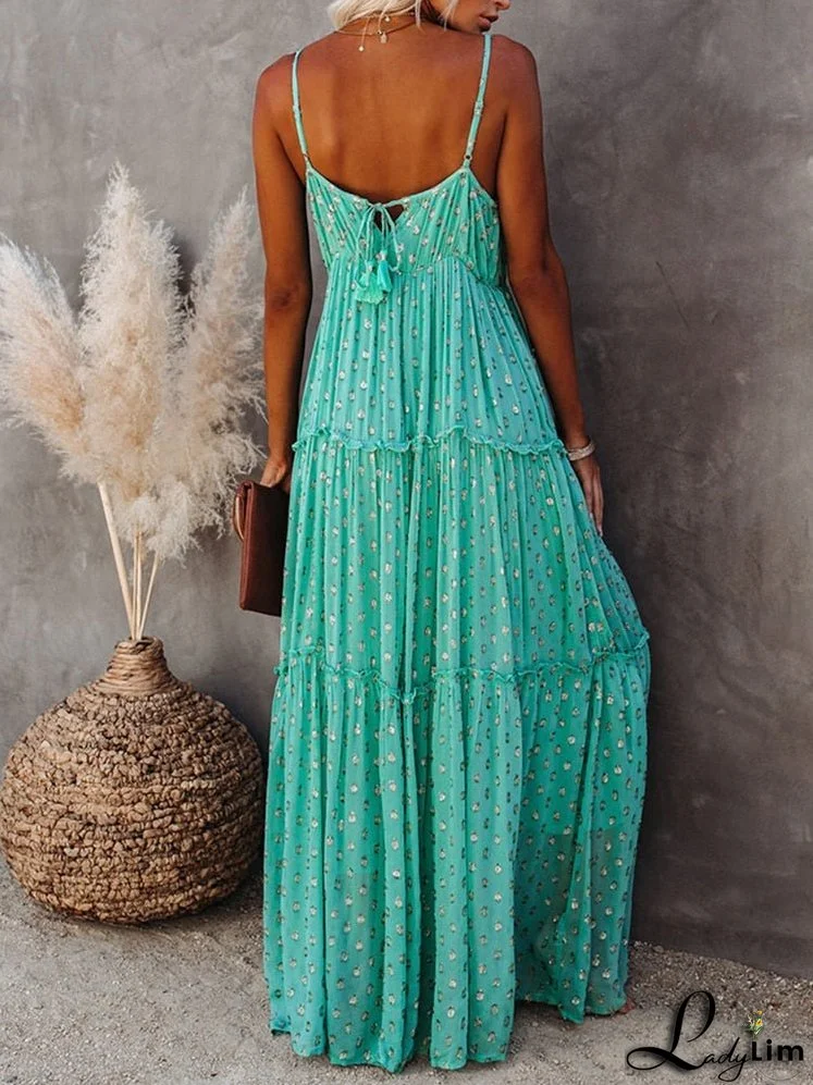 Women Spaghetti Strap Summer Floor Length Boho Sleeveless V Neck Long Dress
