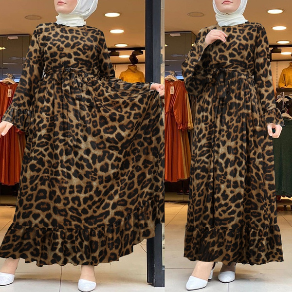 Women Muslim Dubai Islam Kaftan Flota Robe Leopar Printed Baggy Ruffle Hem Elegant Maxi Dress