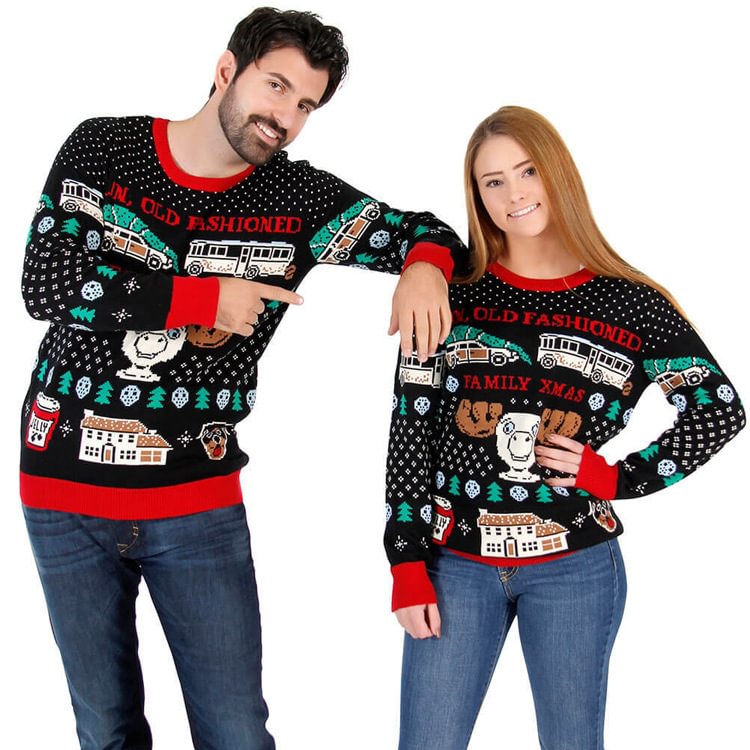 Reindeer Pattern Black Ugly Christmas Sweaters for Men Women-VESSFUL