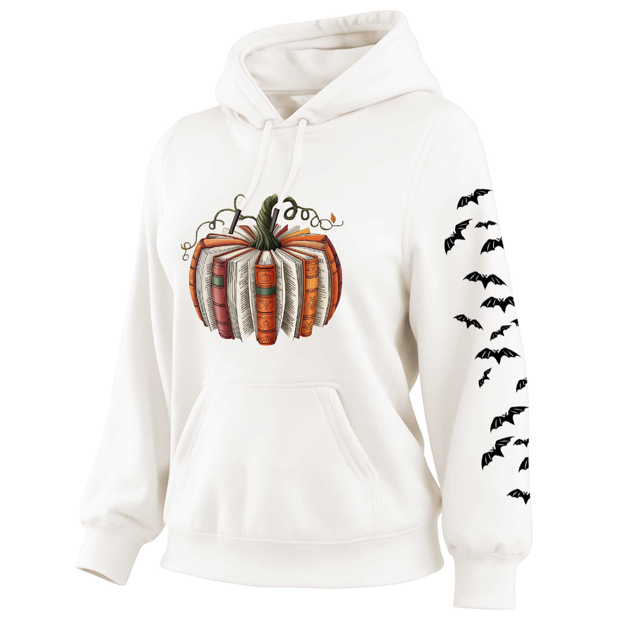 Women's Vintage Halloween Pumpkin And Bat Print Pocket Long-Sleeve Apricot Hoodie