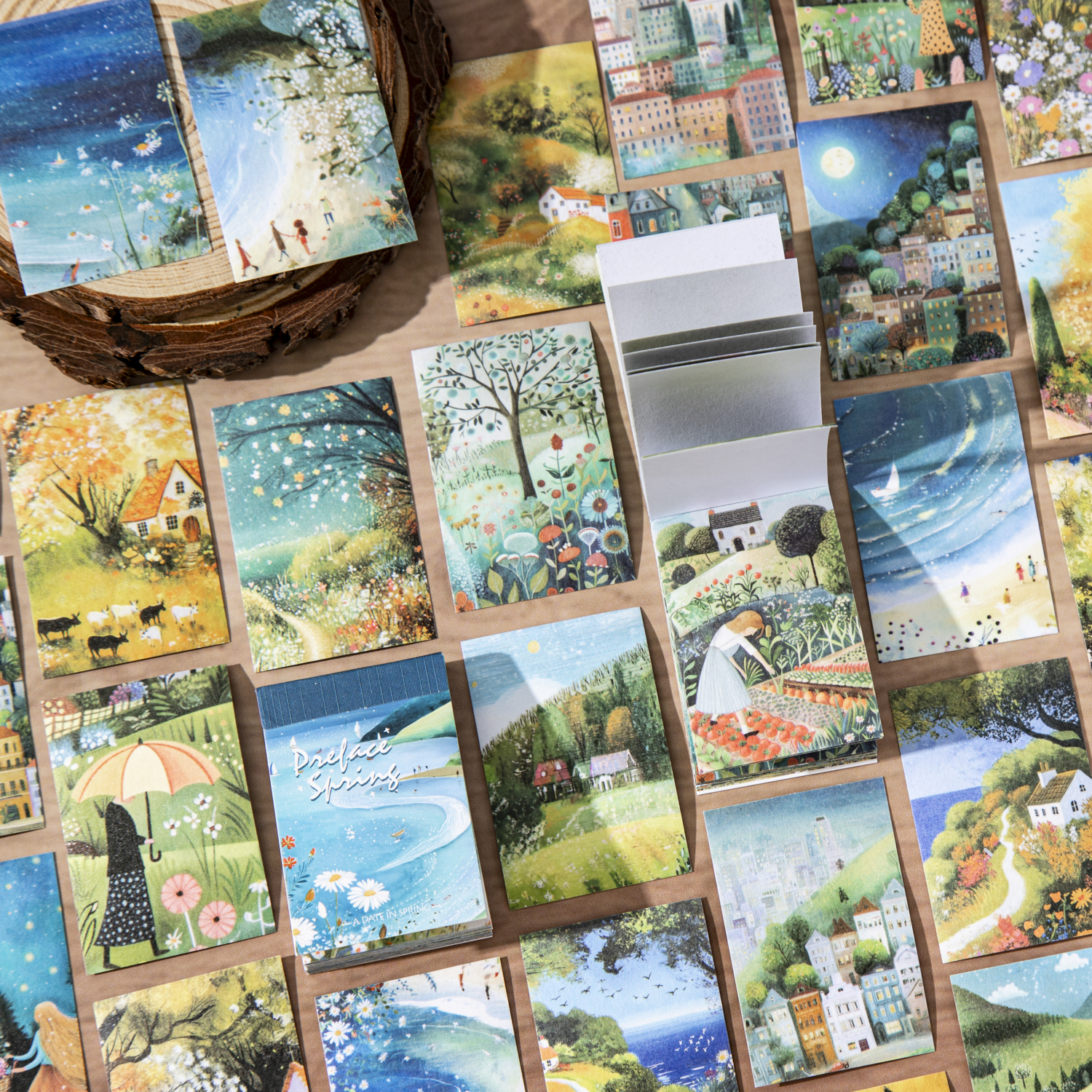 와시 스티커 - 서문 봄 시리즈 빈티지 도시 바다 꽃 나무 풍경