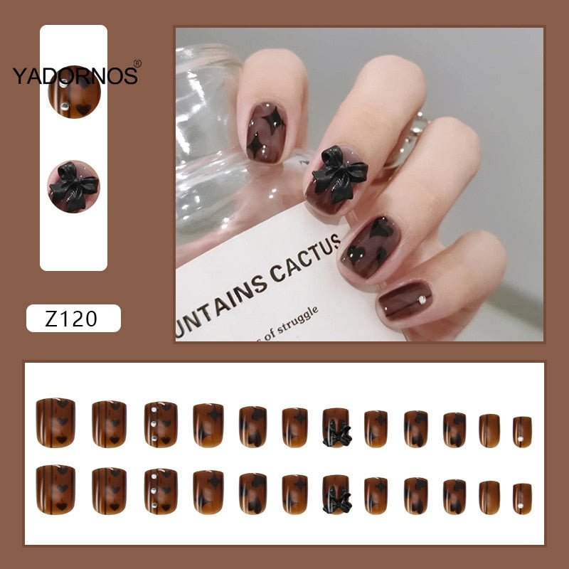 24pcs Press On Fake Black Bow Nail Patch Glue Type Removable Short Paragraph Manicure False Nail Patch False Nails With Designs