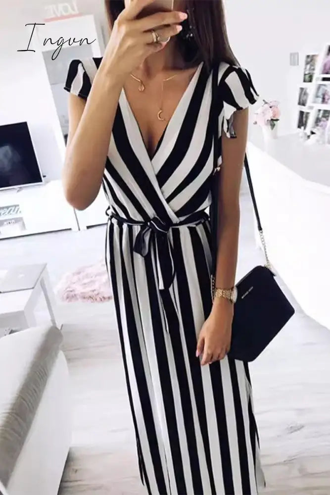 Elegant Striped Bandage V Neck A Line Short Sleeve Dress Black And White / S Dresses/Short