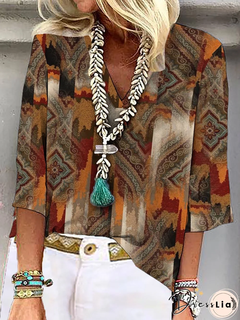 Casual Three Quarter V Neck Plus Size Printed Tops