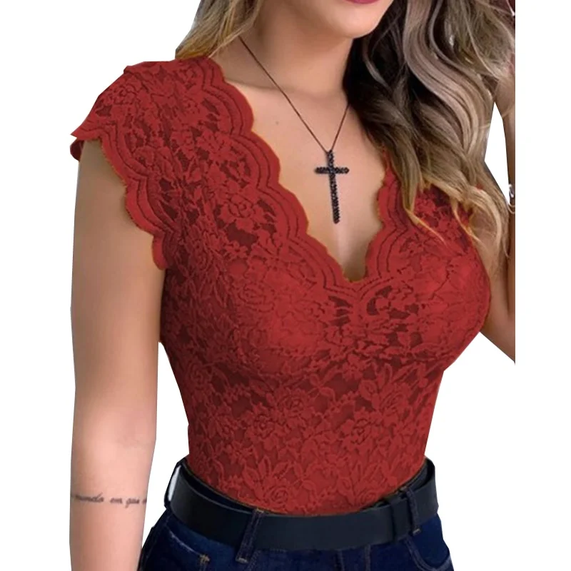 New Lace V-neck T-shirt Tee Camisole T Shirts Vest Tops Sexy Lace Solid Slim Fashion T-shirt Women's Top Mesh Sexy Hollowed-out