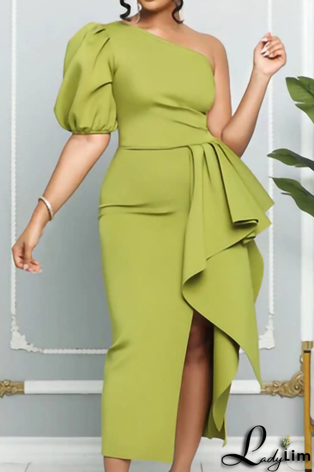 Yellow Celebrities Elegant Solid Patchwork Flounce Asymmetrical Oblique Collar Evening Dress Dresses