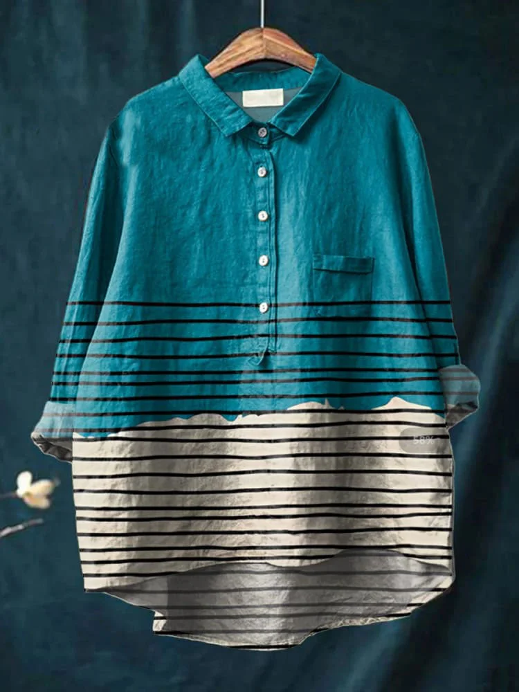 Women's Abstract Shapes Art Print Casual Cotton And Linen Shirt