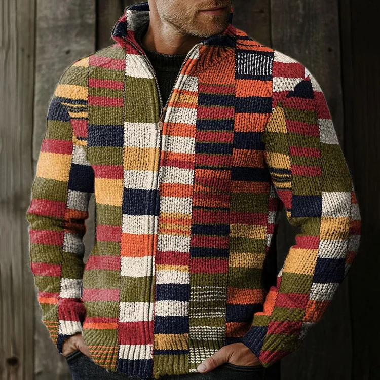 Vintage Multicolor Stitching Art Print Knit Stand Collar Zip Up Sweater