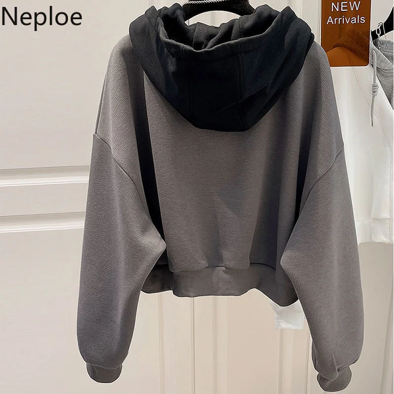 Wongn 2023 Fake Two Piece Hoodies Women Korean Patchwork Hooded Short Outwear Tops Mujer Thicked Loose Casual Y2k Sweatshirt