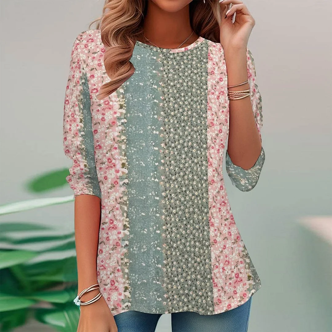 Vintage Printed Long Sleeve Plus Size Tunic for  Women and Men Unisex Pattern Floral,Pink,Green,Stitch