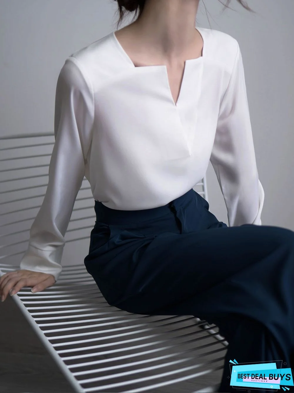 White Daily Long sleeve Plain V Neck Simple Blouse