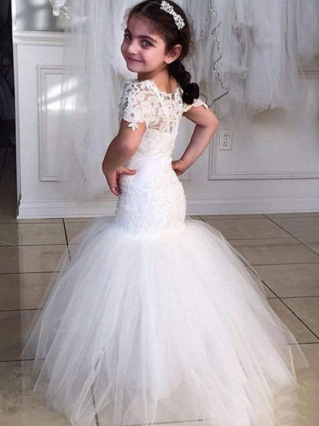 Oknass Mermaid Short Sleeve Jewel Neck Flower Girl Dresses Tulle With Appliques  Solid