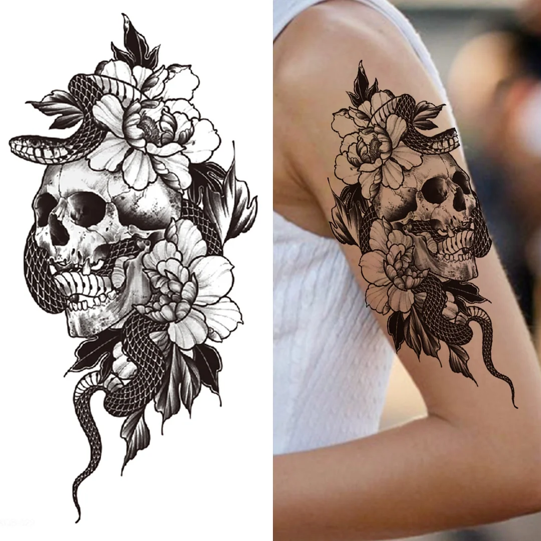 Large Death Skull Snake Flower Temporary Tattoos For Women Men Adult Skeleton Fake Rose Tattoo Sticker Black Peony Body Tatoo