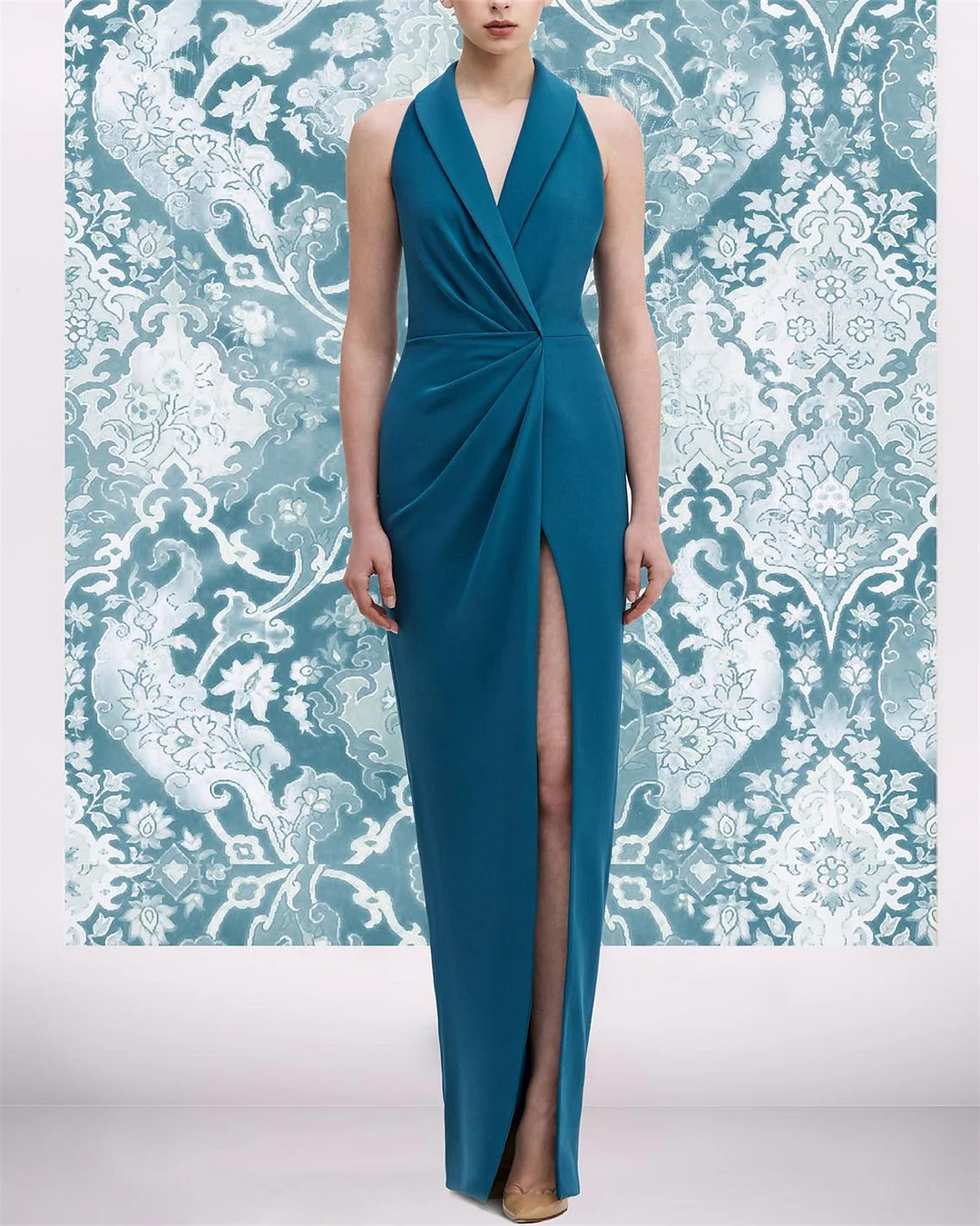 Women's Blue Lapel Sleeveless Slit Dress