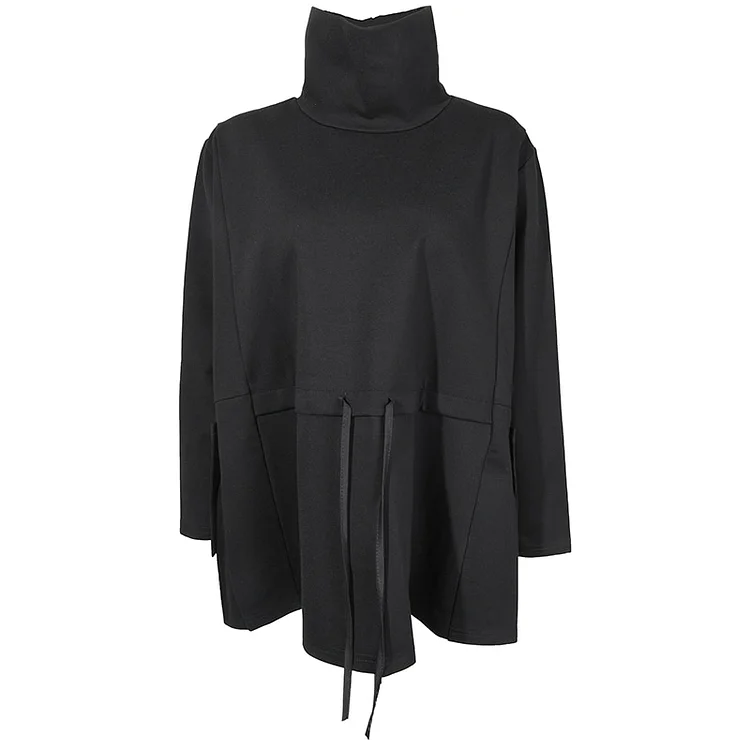 Urban Black High Collar Loose Waist Lacing Pockets Long Sleeve T-shirt