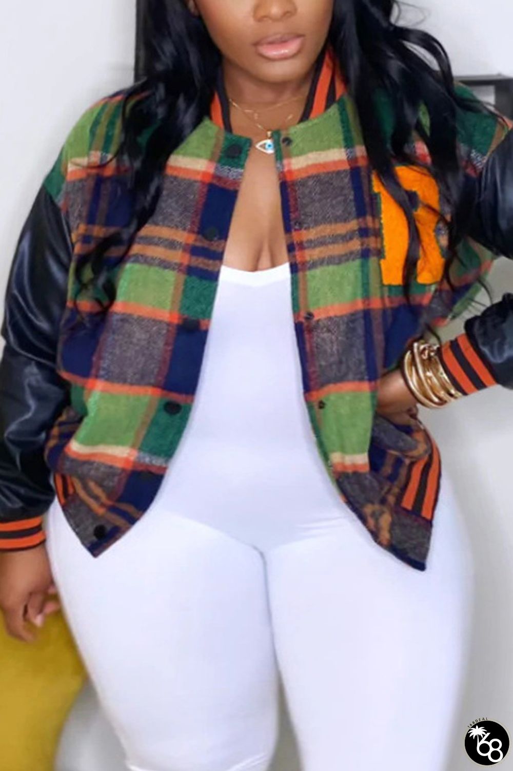 Plus Size Green Casual Letter Patchwork O Neck Overcoat | 168DEAL