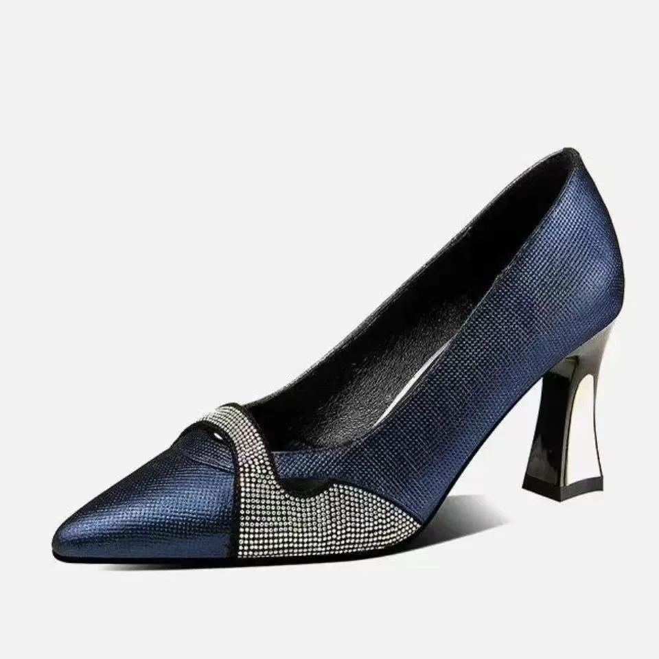 Zhungei Sexy Women's Shoes Pointed Horseshoe with Women's Shoes High Heels Blue Fashion Women's Shoes Black High Heels