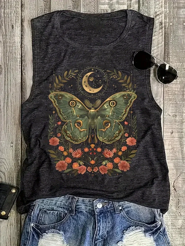 Enchanting Butterfly And Moon Graphic Tank Top - Bohemian Floral Design Women's Sleeveless Shirt - Perfect For Summer, Festivals, Yoga Classes, And Casual Outings - Ideal Gift For Nature Lovers And Dreamer