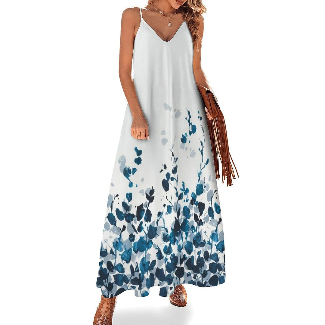 Style & Comfort for Mature Women Plus Size Printed Sling Casual Women Maxi Dress in Pattern Hearts, Floral, Blue, Watercolor