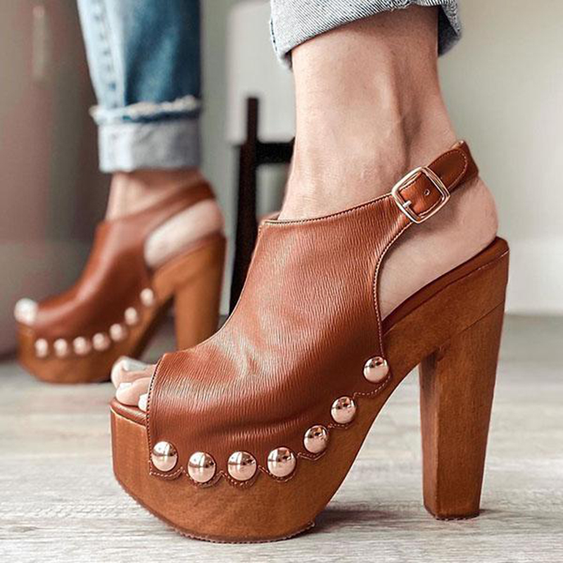 Brown Slingback Shoes Vintage Peep Toe Studded Platform Chunky Heels