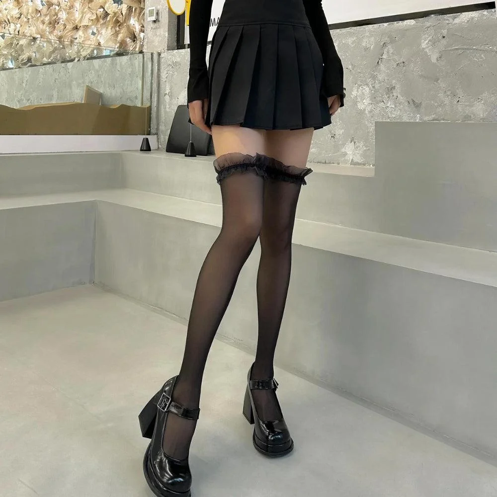 Brownm Bow Ruffled Thigh High Socks