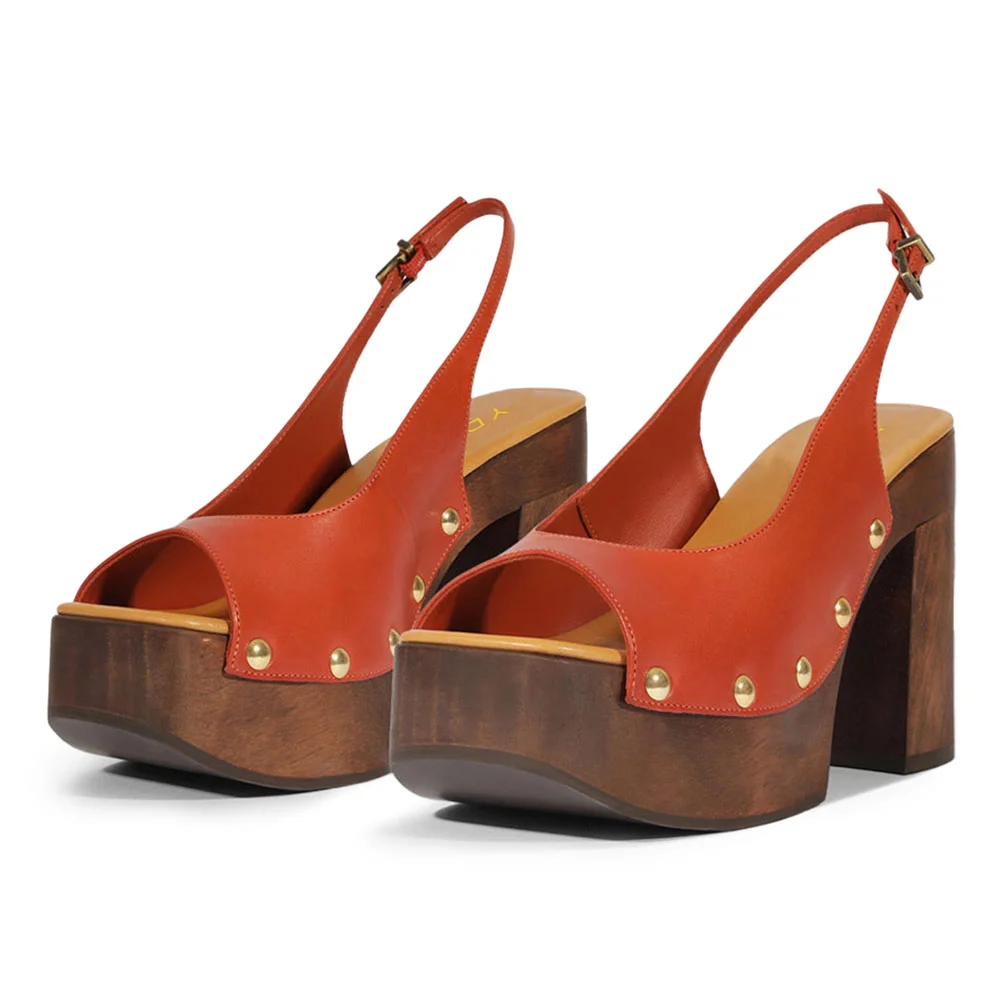 Orange Open-Toe Slingback Platform Block Heel Sandals with Studs
