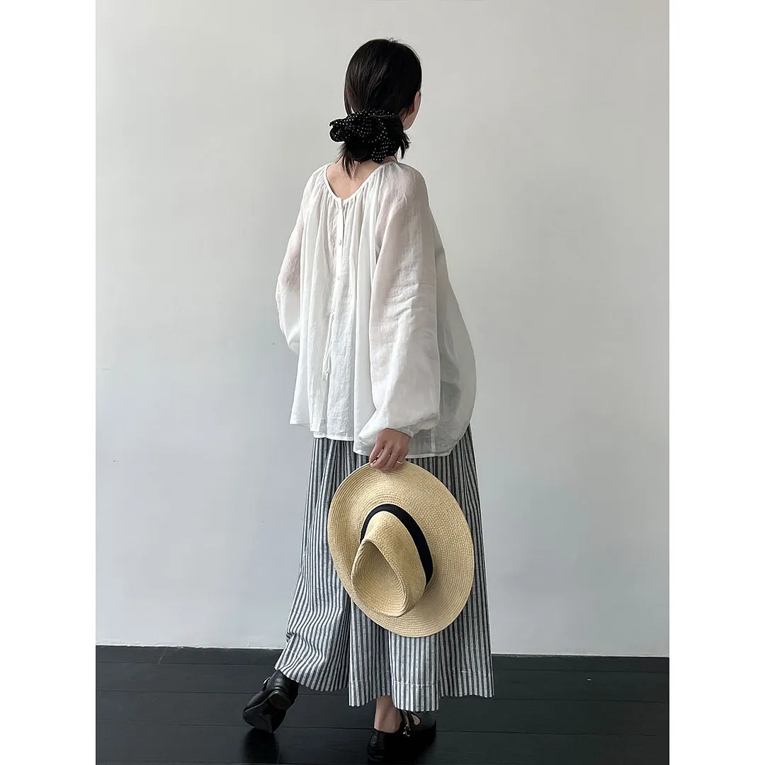 Women's Linen Gathered U Neck Bubble Sleeve Drawstring Loose Blouse