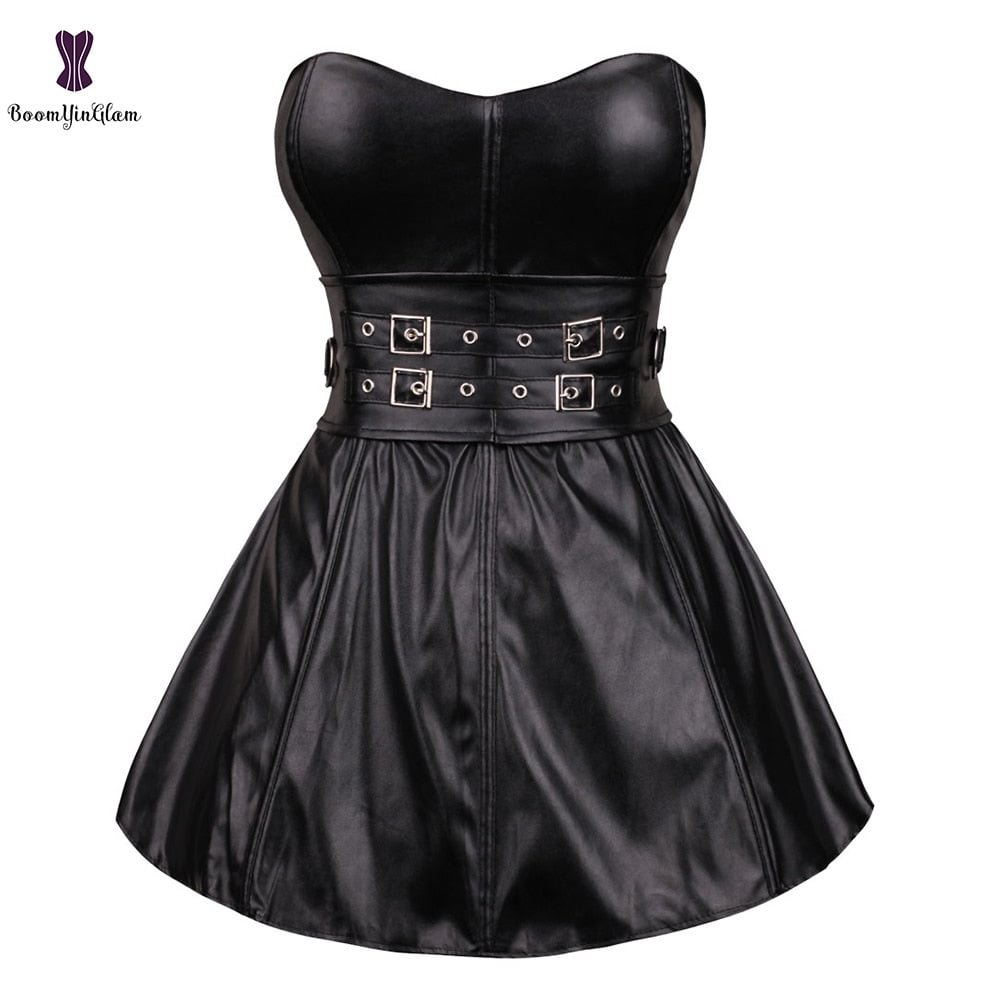 Push Up Punk Style Buckles Lace Up Boned Corselet Sexy Bustier Ovebust Faux Leather Corset Dress For Clubwear Size S-2XL 9003#