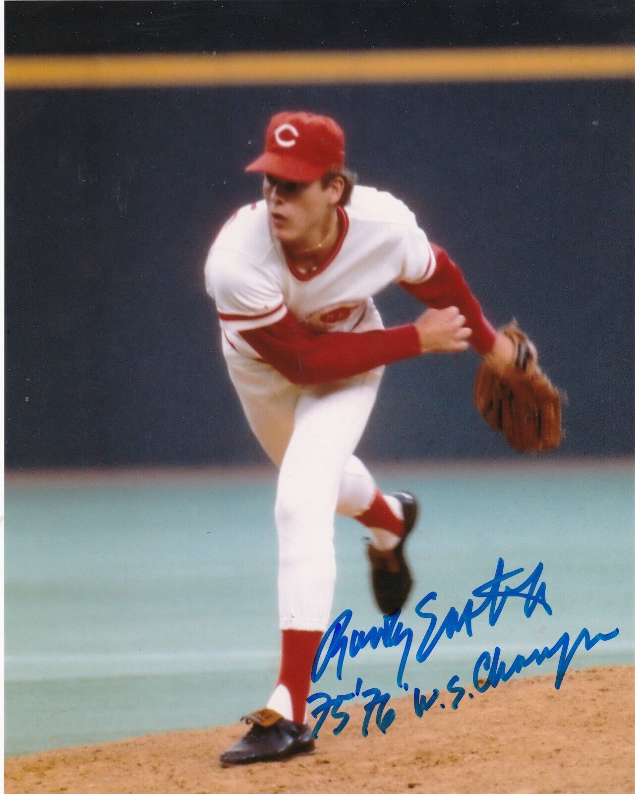 RAWLY EASTWICK CINCINNATI REDS 1975,76 WS CHAMPS ACTION SIGNED 8x10