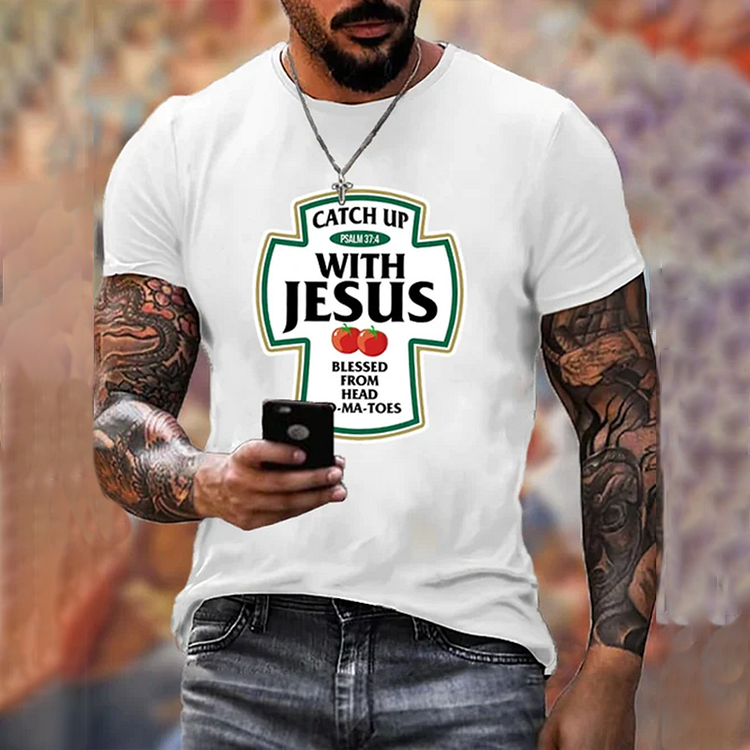 BrosWear Men's Catch Up With Jesus Crew Neck Casual T-Shirt