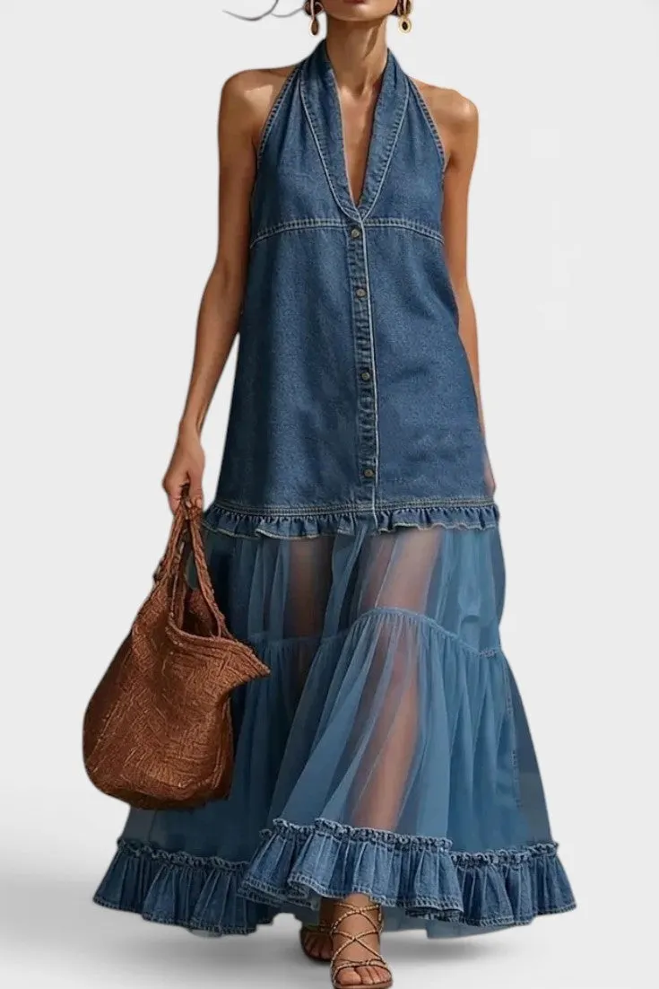 Denim Halter Maxi Dress with Tiered Tulle Skirt