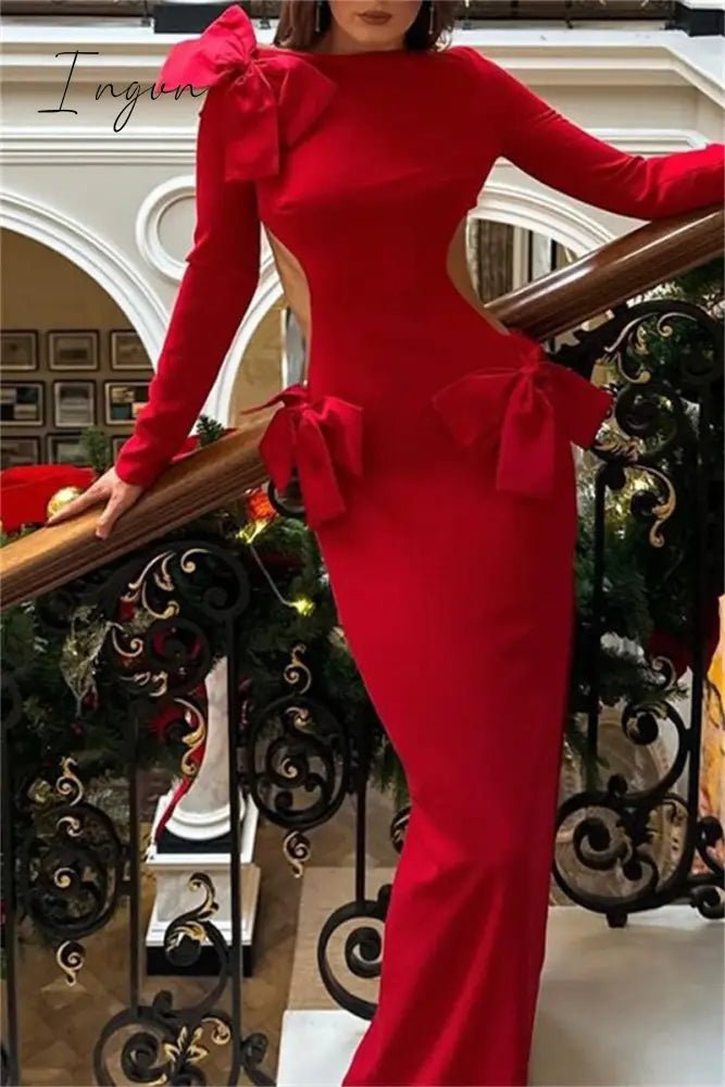 Ingvn - Sexy Solid Hollowed Out Slit With Bow O Neck Long Dress Dresses Red / S Dresses/Maxi