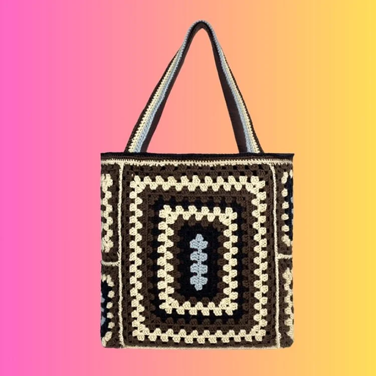 Lulusnow Handmade Khaki Granny Square Beach Summer Bag Vintage Handbag for Travel Crochet Shoulder Bag  