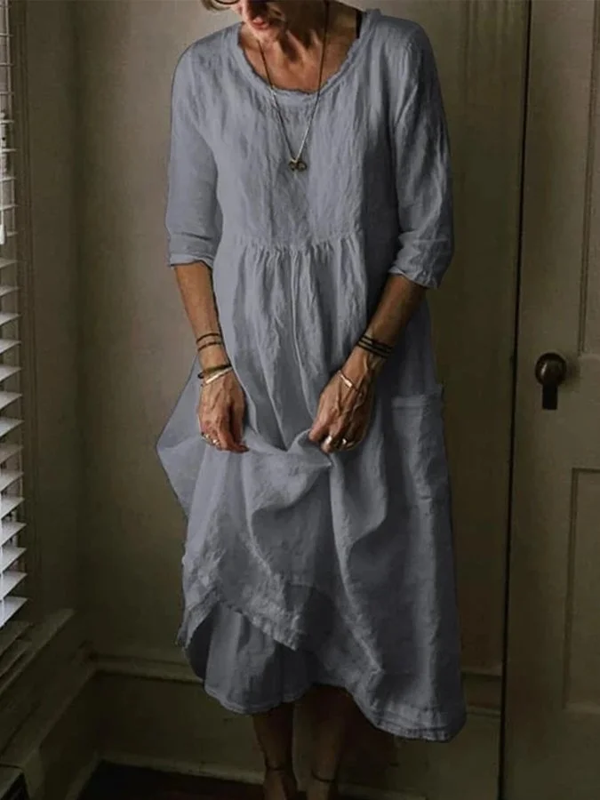 Women's Casual Round Neck Linen Solid Long Dress-mysite