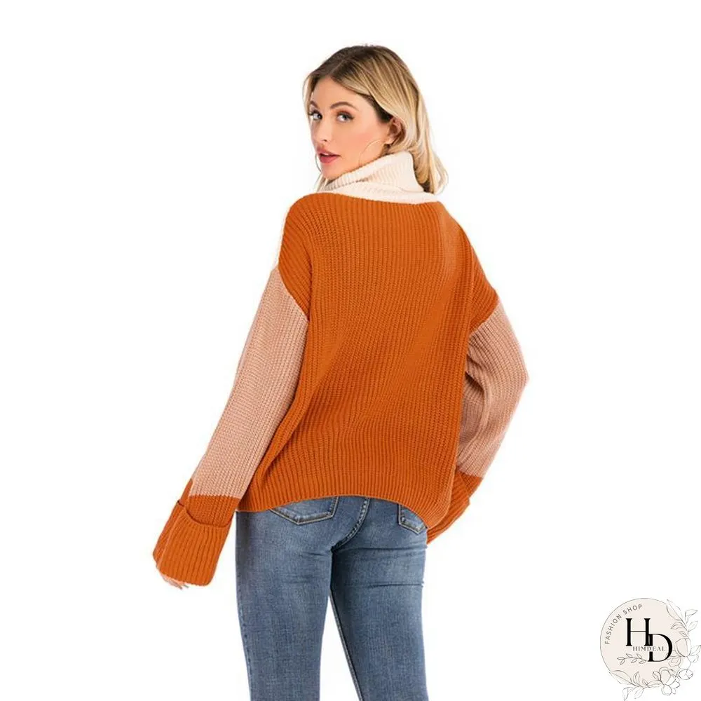 Three Color Block High Collar Sweater
