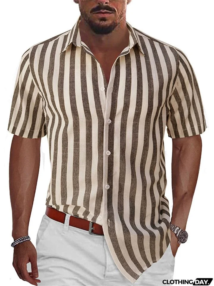 Men's Summer Classic Stripe Lapel Short Sleeve Button Beach Shirts