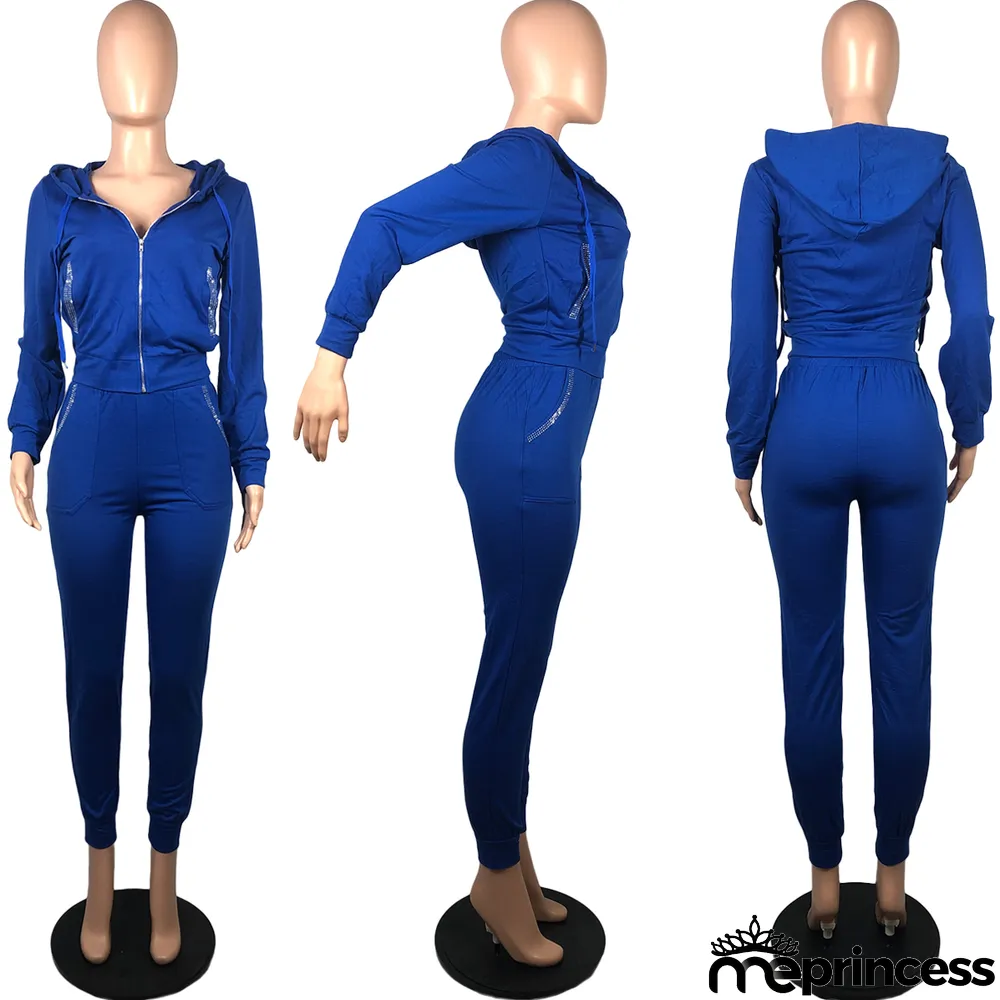 Solid Color Hooded Sports Casual Two Piece Set