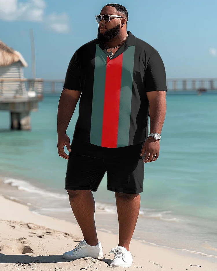 Men's Plus Size Casual Simple Striped Colorblock Print Polo Shorts Suit