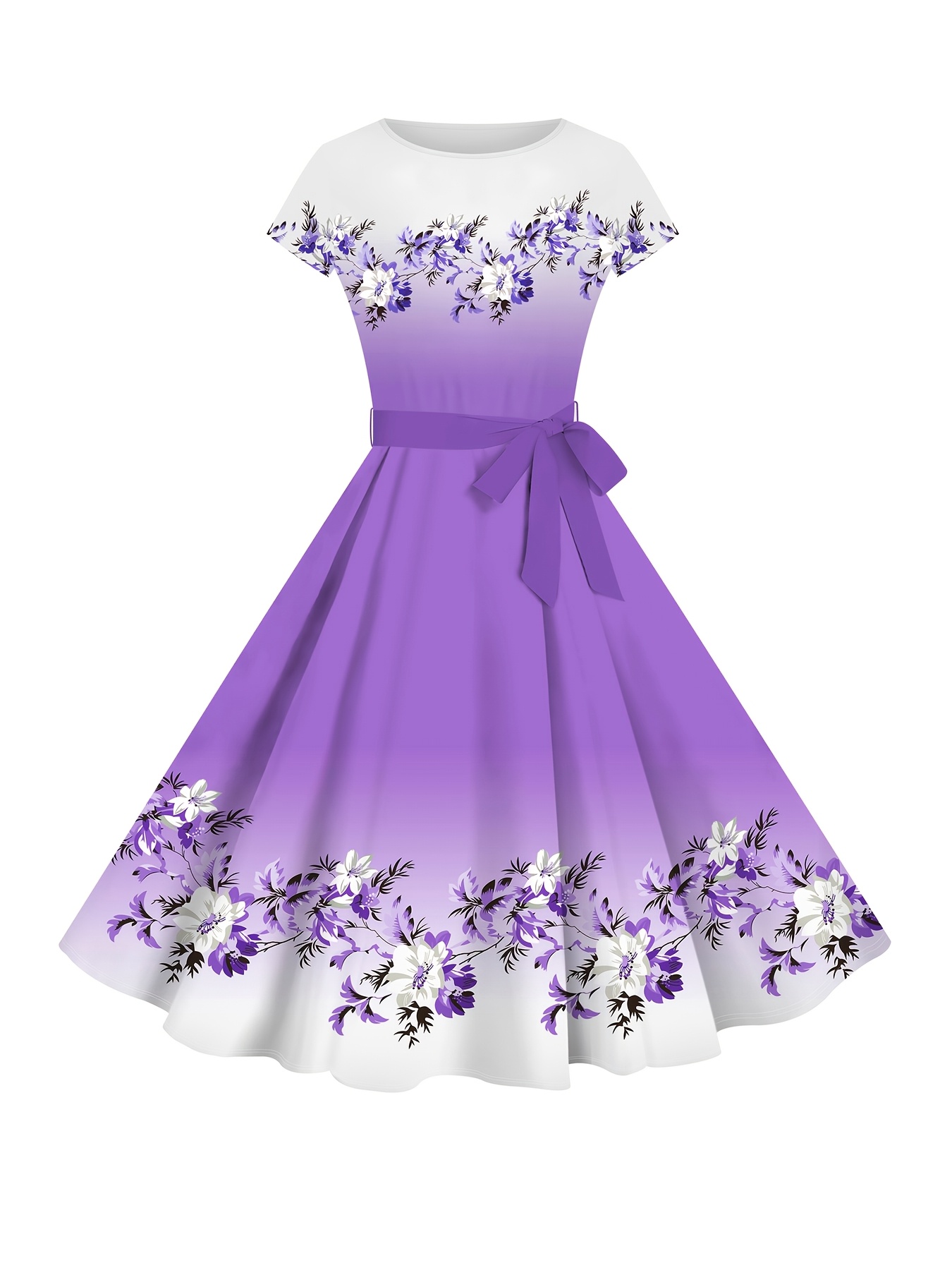 Women's Elegant Gradient Floral Print Round Neck Short Sleeve Tie-Hem Dress | IFYHOME