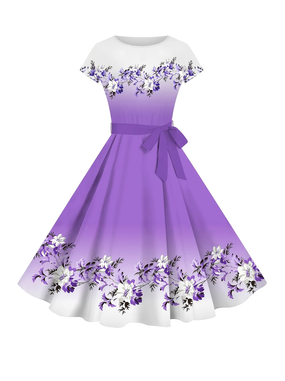 Women's Elegant Gradient Floral Print Round Neck Short Sleeve Tie-Hem Dress | IFYHOME