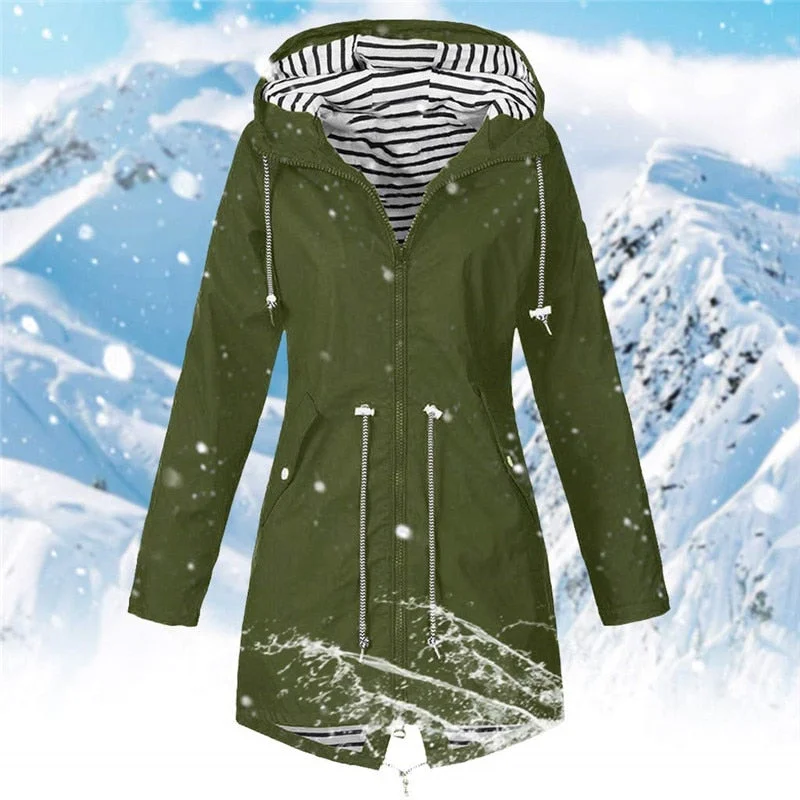 2021 Women's Long Windproof Hooded Coats Autumn Winter Trench Casual Fashion Outdoor Raincoat Waterproof Solid Camping Jackets