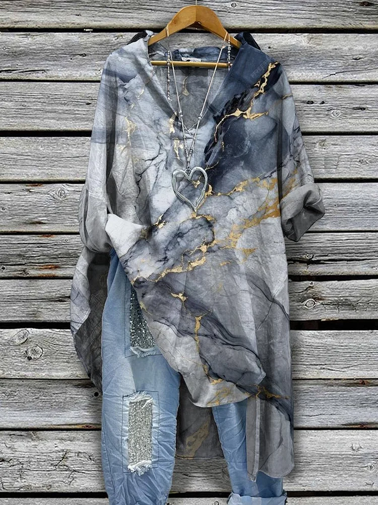 Women's Black Marbling Print Casual Cotton And Linen Shirtdress
