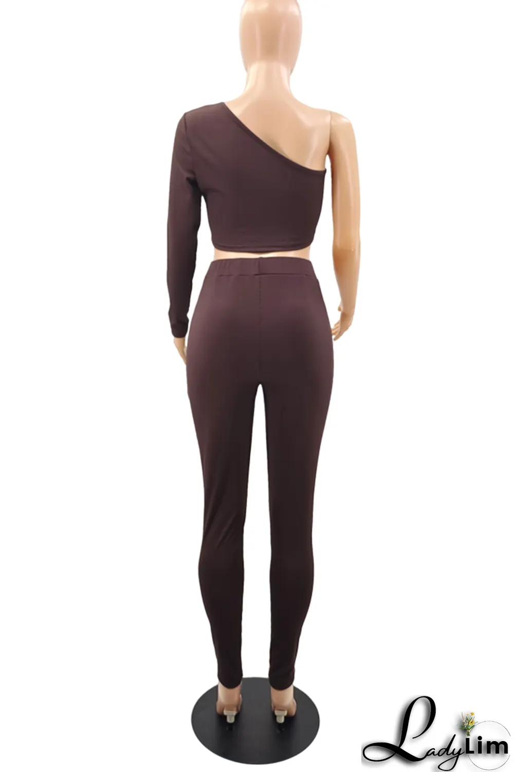 Black Sexy Solid Split Joint One Shoulder Three Quarter Two Pieces