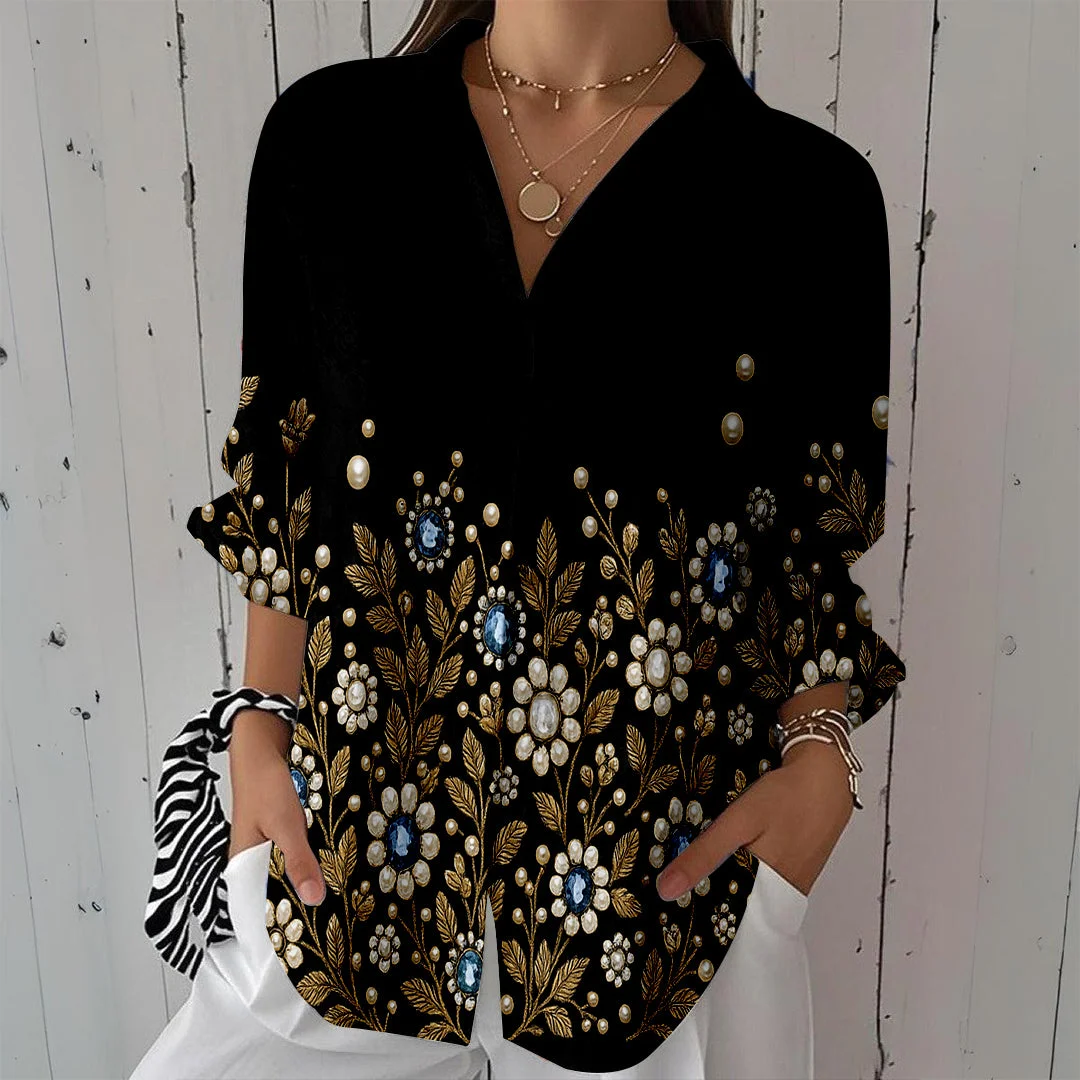 Style & Comfort for Mature Women Women Black, Flowers, Polka Dots DZCL0403 3/4 Sleeve Shirt Collar Printed Button Tops
