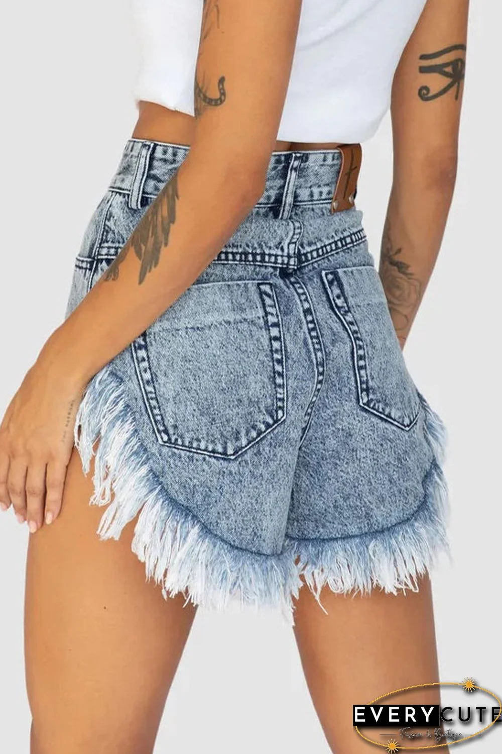 Sky Blue Dark Acid Wash Raw Hem Jean Shorts